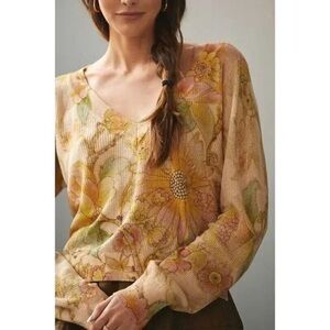 Anthropologie Floral V-Neck Long Sleeve Top lounge relaxed large petite boho